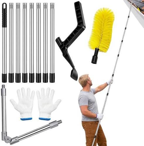 4M Telescopic Gutter Cleaning Tools Kit,2-in-1 Extendable Gutter Cleaner with Brush and Leaf Shovel,180 Degree Adjustable Angle Roof Scraper Moss Removal Pole for Conservatory Roof, Includes Gloves
