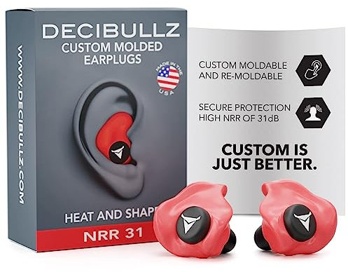 Decibullz - Custom Molded Earplugs, 31dB Highest NRR, Comfortable Hearing Protection for Shooting, Travel, Swimming, Work and Concerts (Red)