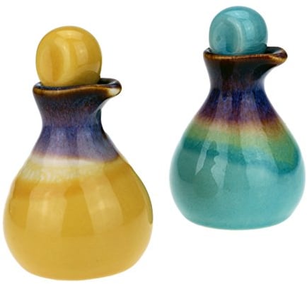 Urban Lifestyle Essig & Öl Fläschchen 2er Set aus Keramik, gelb/blau handglasiert