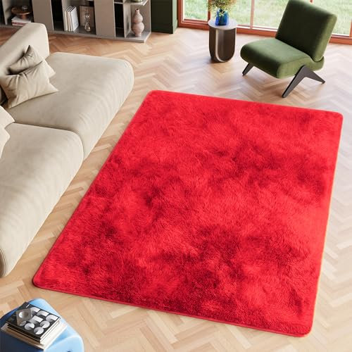 TAPISO Silk Teppich Shaggy rutschfest Rot Einfarbig Antirutsch Hochflor Langflor Weich Modern Schlafzimmer Wohnzimmer Bedvorleger ÖKO-TEX 140 x 200 cm