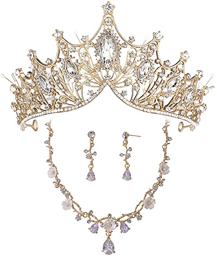 3-teiliges Hochzeitsschmuck Braut Set, Diadem Prinzessin Erwachsene Kristall Goldkette mit Ohrringen Set für Damen