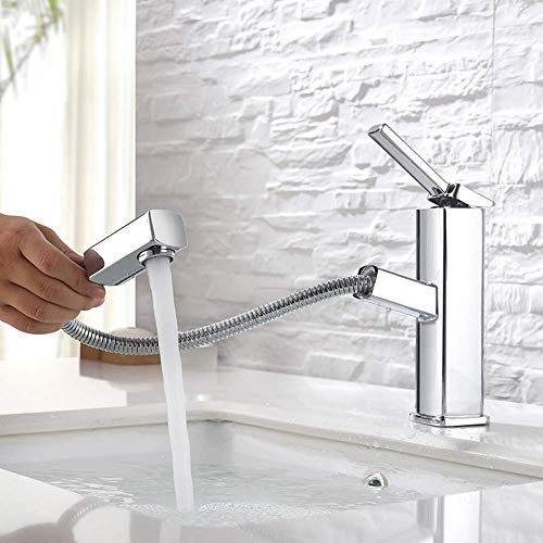 KAIYING Waschtischarmatur mit Herausziehbarer Spritze, Mischbatterie Waschbecken für Heißes und Kaltes Wasser, Ausziehbarer Wasserhahn Bad Chrom mit Drehbarem Auslauf