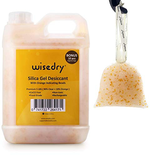 wisedry Perles de Gel de silice réutilisables avec indicateur de Couleur - Rechargeable - Gel de silice - Déshydratant en Vrac - avec 10 sachets en Organza