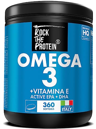 Omega 3 Olio Di Pesce 2000 mg Con Vitamina E, 2 Softgel Al Giorno, 360mg EPA & 240mg DHA Per Dose, Rock The Protein® Integratore Omega 3 Fish Oil, Apporto di Acidi Grassi Essenziali Omega3