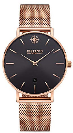 Kistanio Moyen Damenuhr mit Milanaiseband Datum Edelstahl Rose Schwarz Saphirglas RG-BLKS-M