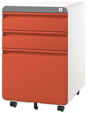 Dripex Caisson de Bureau à Roulette 3 Tiroirs, Meuble Dossier Suspendu, Caisson Métal Verrouillable 40 x 45 x 60 cm - Orange Mate