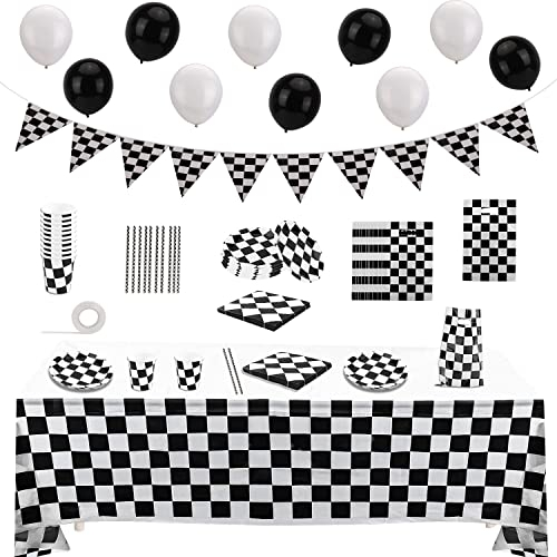 OOTSR 75 Stück Rennwagen Partyzubehör Set Bedient Für 10 Gäste-Geburtstag Party Dekorationen für Jungen Enthält Bannerwimpel, Luftballons, Tischdecke, Band, Geschirr, Servietten und Geschenktüten