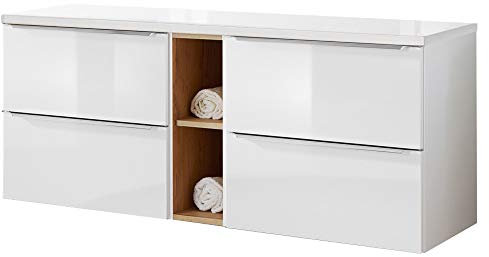 Lomadox Badmöbel Waschtisch Unterschrank Set, Hochglanz weiß, 4 Softclose-Auszüge, 1 Regal, B/H/T ca. 141/59,5/46 cm