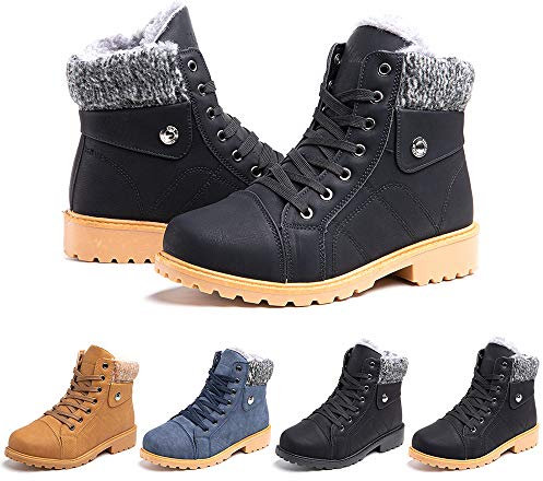 Stivali da Neve Donna Scarpe Invernali Stringati Pelliccia Caldo Snow Boots Caviglia Stivaletti Piatto Outdoor Stivali Nero 37 EU