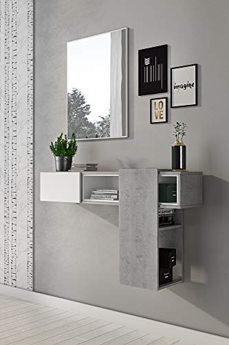 Dmora - Mobile da ingresso Calella, Entratina moderna con specchiera, Mobile con cassetto, Mobile svuotatasche, Cm 100x27h155, Cemento e Bianco