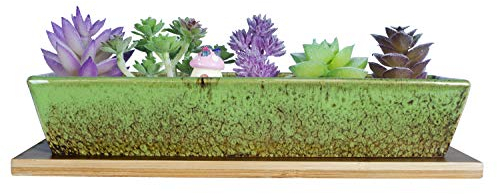 ARTKETTY 24.8 cm große Keramik-Sukkulententen-Blumentöpfe, modern, lang, rechteckig, mit Bambus-Tablett, für Innen- und Außenbereich, Heimdekoration (grün)