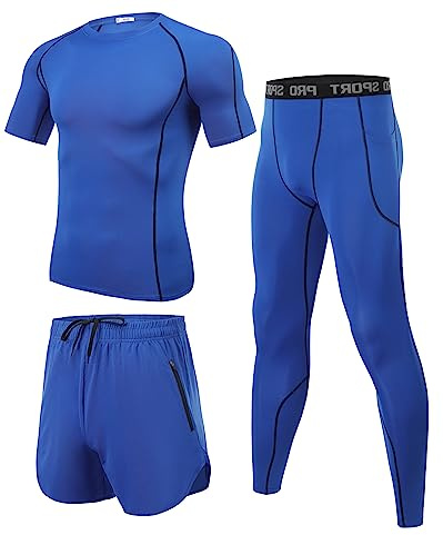 Wayleb Kompressionsset Herren 3 Teilig Fitness Training Sport | Atmungsaktiv und Elastisch, Langarmshirt, Shorts und Leggings, Ganzjährig, Gym, Laufen, Fußball und Workout