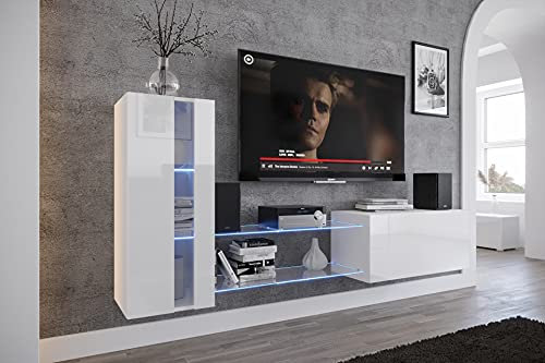 Furnitech Wohnwand Wohnzimmer | Wohnzimmer Möbel mit LED Blau | Hängend Wohnwand Modern | Wohnzimmer Schrankwand mit Regale und TV Schrank (Future 45N-HG-W2-1A)