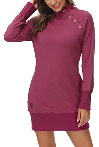 DOTIN Damen Sweatkleid Langarm Sweatshirt Hoodie Kleid Lange Pullover Outwear Jumper Tops Kapuzenpulli, Dunkelrot, S