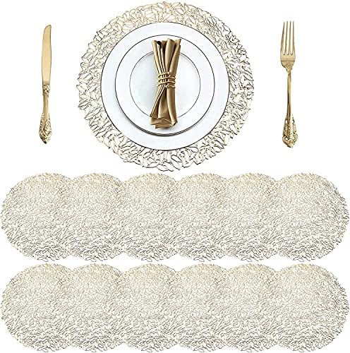 Jucoan 12 Pack 38cm Round Pressed Vinyl Placemats, Gold Table Mats PVC Non-Slip Washable, Centerpiece Placemat for Wedding Dining Table Kitchen Decor