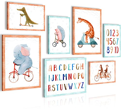Novart Wandbilder Tiere ABC - KOMPLETT AUFHÄNGFERTIG - Zirkus Bunt Kinderzimmer Mädchen Junge- 7 Moderne Mood-Bilder - N020971a