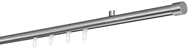ondeco Gardinenstange auf Maß Innenlauf 20mm Cap 1-lauf Vorhangstange Deckenträger 1,5cm Stilgarnitur mit Gleiter für Vorhänge Edelstahl-Optik 300cm