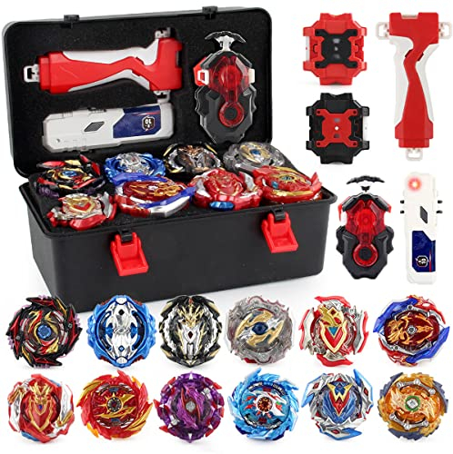 TUKIIE Toupie Burst Set avec 3 Lanceurs Poignée, 12 Combat Toupies Metal Fusion avec Boîte, Toupie Jouet Cadeau pour Enfants garçons 6 Ans