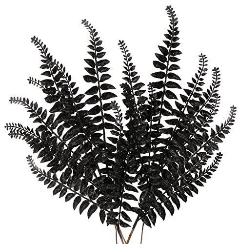 Oairse 60CM 6er Set Kunstpflanze Kunstzweig Weihnachten deko Glitzer, Weihnachten Blätter für Weihnachtsbaum Neujahr Ornamente, Künstliche Farn für Feiertags-Esstischdekoration, Schwarz