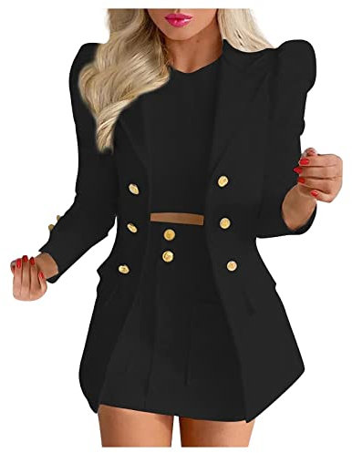 Tailleur Femme 2 Pièces Elegant Veste Formel Slim Fit Blazer Bureau Travail Pantalon Costumes Revers Manteau Ensemble de Couleur Unie Bouffantes Cardigan Blazer + Jupe Courte Costume Travail
