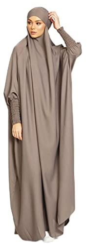 BRONG Gebetskleidung Für Frauen Islam Abaya Muslim Damen Gebet Jilbab Kleidung Muslimische Kleider Lange Ärmel Burka Ganzkörper Beten des Islamischen Niqab Islamische Khaki, XL Große Größen Tall