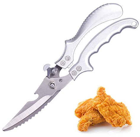 Ciseaux de Cuisine Multifonctionnels, Ciseaux de Cuisine en Acier Inoxydable de 25 cm, Utilisés pour Couper du Poulet, Volaille, Poisson, Viande, Légume, Herbes, Argenté