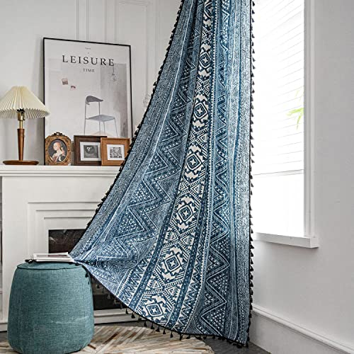 Tospass Vorhang Boho Blickdicht Gardinen Leinen Baumwoll Geometrisch Halbtransparente Vorhänge mit Quaste 2er Set Landhausstil Vintage Gardienen für Wohnzimmer Schlafzimmer Curtains 150x260 cm Blau