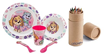 Girl Cartoon Character Dinner Tableware Set 5pcs Plate, Bowl, Cup & Cutlery, BPA Free re-usable Plastic Microwave Safe Includes Half Size 12pcs Pencil Set (Girl)