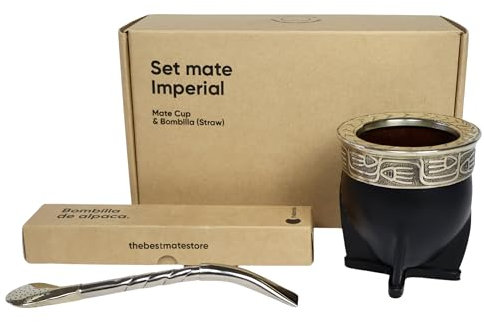 thebmate [Imperial Premium Set Yerba Mate Cup - Crafted Ceramic Teacup - Leather Wrapped Handmade in Uruguay - Set Mate Imperial with German Silver Bombilla Straw and Cleaning Brush (Black)