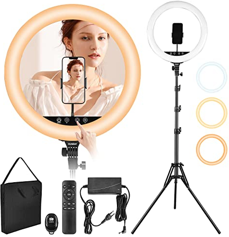 18 Zoll Ringlicht mit Stativ, Fernbedienung und Handy Halterung Dimmbare Ringlicht 3 Lichtmodi 10 Helligkeitsstufen für YouTube, Als Szenenlicht, Heimwerkervideos, Selfie, Live Streamen, TikTok