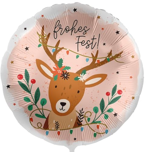 Folienballon 'FROHES FEST' niedlicher Hirsch Weihnachtshirsch Elch Ballon Deko Weihnachten Weihnachtsfeier Luftballon Made in EU, Geschenk zu Weihnachten