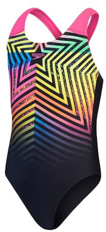 Speedo Digital Placement Splashback Swimsuit | Chlorine Resistant | Printed Design | Swimming Lessons Maillot de Bain, Noir/Jaune Citron/Rose Flamboyant/véritable Cobalt/Vert arlequin, 15-16 Ans Fille