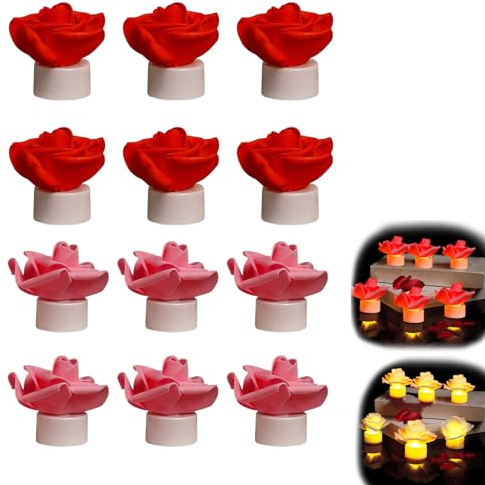 Recitem Rose Form LED Kerzen, Flammenlose Kerzen, Dekorations-Kerzen, Batteriekerzen, Romantische Kerzen für Dekorationen, Vorschlagen, Hochzeit, Jahrestag, Valentinstag (6 Rot 6 Rosa)