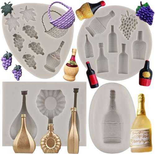 MYPRACS Weinflaschen Silikonform Weinglas Tasse Fondant Formen Traube Champagner Flasche Süßigkeiten Formen für Cupcake Topper Kuchen Dekorieren Schokolade Süßigkeiten Handwerk Gummi Paste 4 Stück