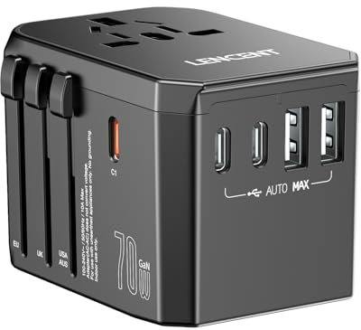 LENCENT Adaptador Enchufe Universal GAN 70W, Cargador Internacional con 2 QC USB-A y 3 Tipo-C PD 3.0 Carga Rápida, Adaptador de Viaje para Móviles, Tabletas, Portátiles, USA/UK/EU/AUS, Tipo A/C/G/I
