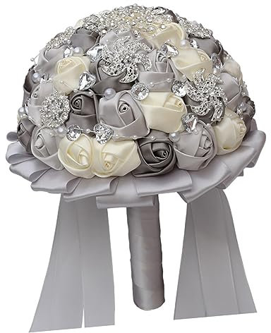 PRETYZOOM Bouquet Da Sposa in Tessuto Per La Futura Sposa Fiori Da Sposa Grigi E Bianchi Bouquet Con Decorazioni in Argento Composizione Di Piante Artificiali Realistiche