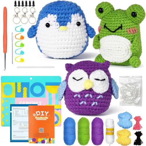 VANEME Häkelset für Anfänger, 3 Muster, Tiere, Eule, Pinguin, Frosch, Strickset für Erwachsene und Kinder, mit Schritt-für-Schritt-Video-Tutorials und Testgarnen, Haken, Zubehör