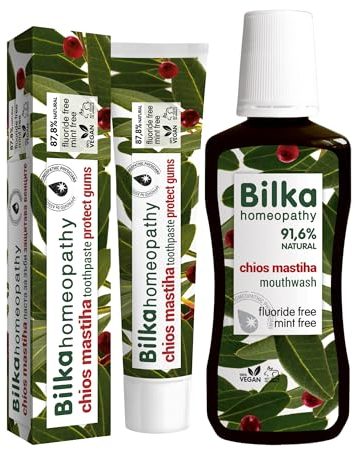 Bilka Homeopathy Chios Mastiha Set - Zahncreme 75ml + Mundspülung 250ml, Natürlicher Zahnfleischschutz mit Plaque Reduzierende Wirkung, Fluoridfrei, Mentholfrei, für täglichen Zahnpflege