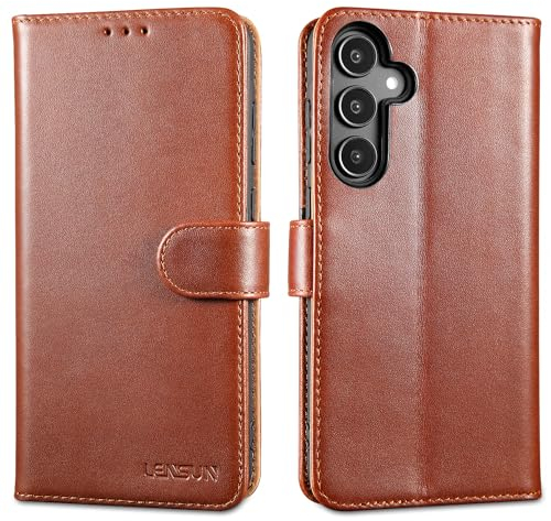 LENSUN Echtleder Hülle für Samsung Galaxy A55, Lederhülle [Echtes Leder][RFID Schutz][Kartenfach][Standfunktion] Handyhülle Handytasche für Galaxy A55 5G - Dunkelbraun