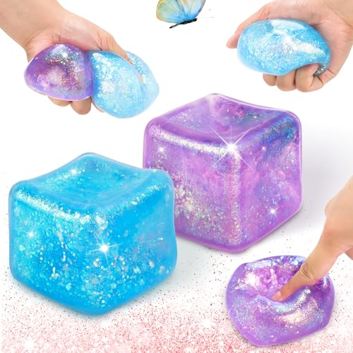 Ezydka 2 Stück Stressball für Kinder und Erwachsene 5,5 x 5,5cm Popit Anti Stress Bälle, Großes Eiswürfel-Fidget Toys, Antistressball Squeeze, Cube Stressbälle für Hand Therapie