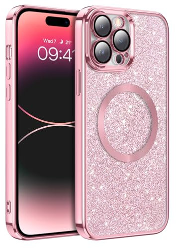 GaoBao iPhone 14 Pro Max Case, Slim Fit 14 Pro Max Phone Case [Magsafe Compatible] Sparkle Luxury Shockproof Anti-Slip Women Girl Bling Phone Cover for iPhone 14 6.7, Glitter/Pink