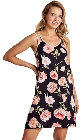Mademoiselle Sommeil Damen Nachthemd | 100% Baumwolle | Schwarzes Sommer-Nachtkleid mit Rosendruck & Spaghettiträgern | Leicht & Atmungsaktiv | Europäische Qualität