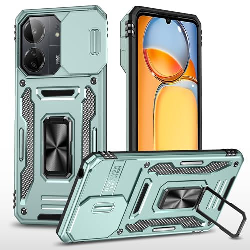 Cover Compatibile con Xiaomi Redmi 13C 4G/5G/Xiaomi POCO C65,Protezione Fotocamera Slidable Custodia Antiurto Case Anello Supporto Silicone Custodie,Verde