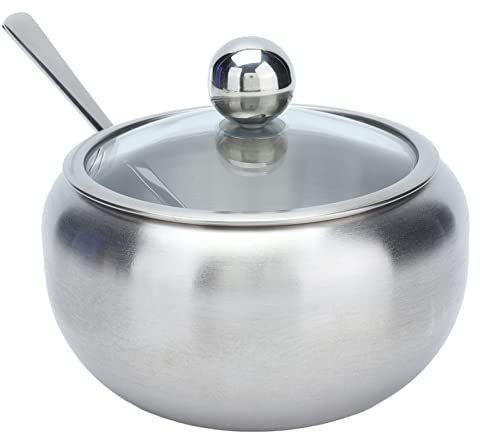 Locadence Sucrier, Récipient à Sucre en Acier Inoxydable avec Couvercle Transparent, Petit Récipient à Condiments avec Cuillère Intégrée pour Sel, Glutamate Monosodique, Poudre de