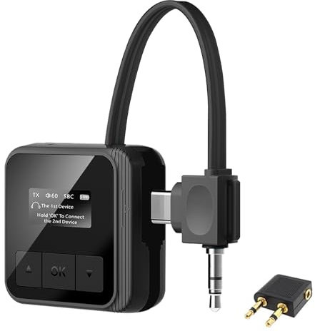 Bluetooth 5.3 Transmitter Receiver for TV to 2 Wireless Headphones Dual Link 2-in-1 Wireless Bluetooth Audio Adapter with 3.5mm Aux/USB C Input for Airplane Gym Car/Home Stereo System