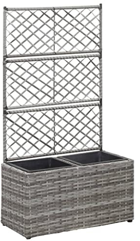 Myheimly Hochbeet mit Rankgitter 2 Töpfe 58×30×107cm Poly Rattan Grau