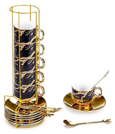 Haohai Espresso Cups with Saucer, Tea Cup and Saucer Set, Ceramic Espresso Cups Set of 6, Stackable Coffee Mugs with Rack, Kitchen Accessories (Black,6pcs)