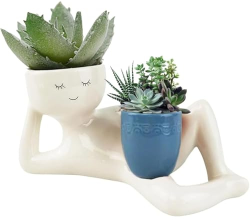 Ysaca Lazy Guy Pflanzgefäß, lustige Blumentöpfe, Sukkulenten-Blumentopf, Smily Face Pflanztopf für Pflanzen mit Drainage, für Innen- oder Außenpflanzen (blau)