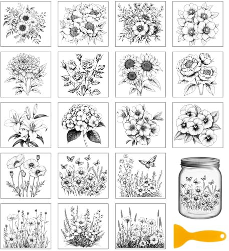 GLOBLELAND 18 Blatt Schwarz und Weiß Blumen Rub On Sticker Pfingstrosen Sonnenblumen Farbig 3.9x3.6 Zoll Transferaufkleber Rub On Folie Aufkleber Aesthetic Für Möbel Glas Holz DIY Aufkleberästhetik