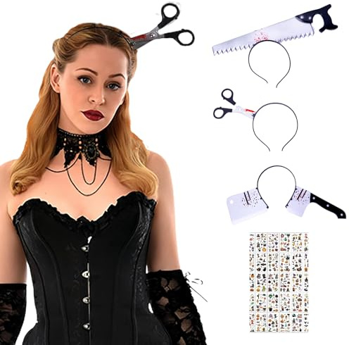 Kiuiom Diadema Cuchillo,Diadema de Hacha Tijeras,Bandas para Cabello de Terror de Halloween con 30 Pegatinas Tatuaje,Unisexo,Adecuado para Halloween,Carnaval,Cosplay,Fiesta Terror